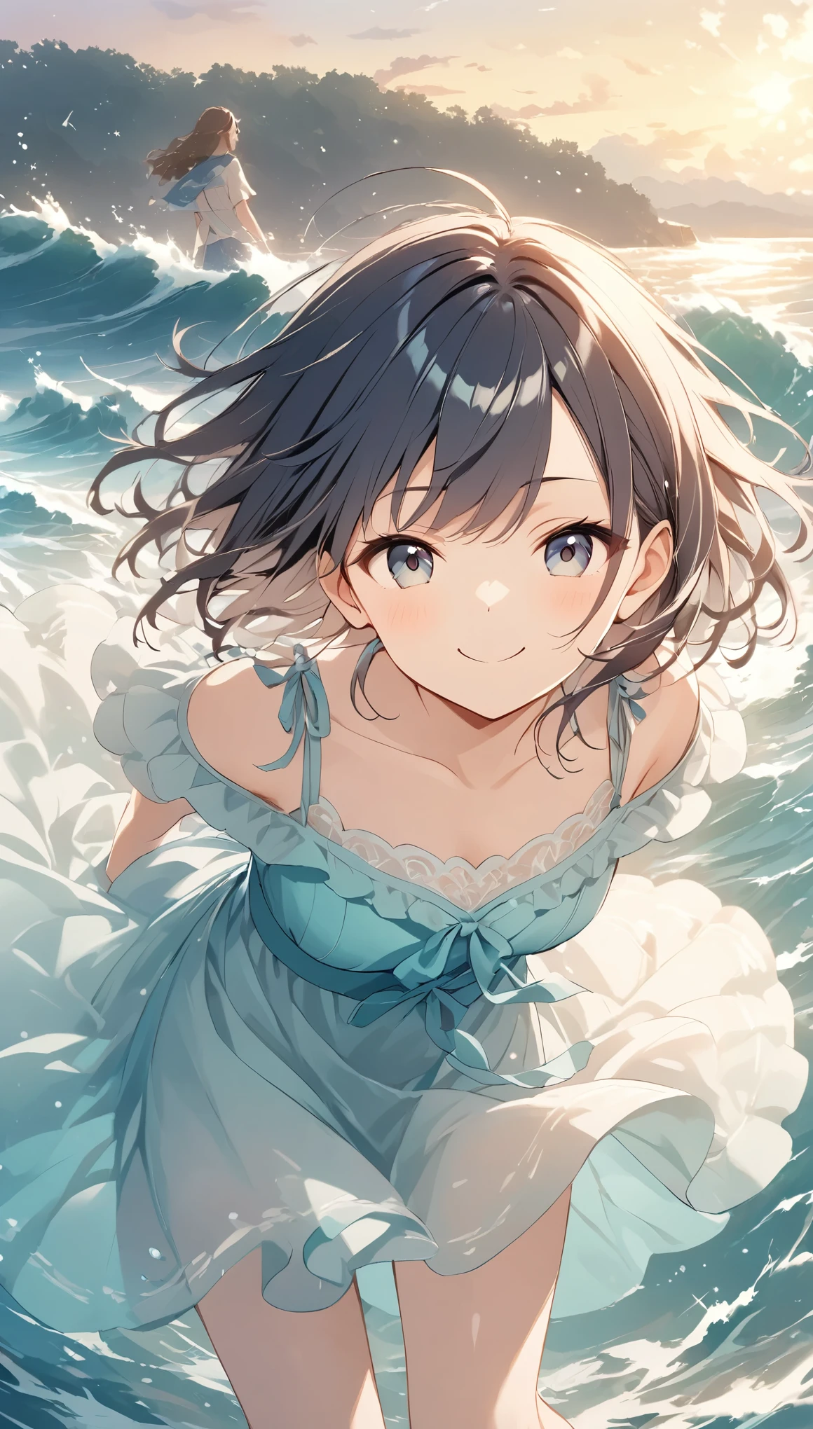 vector art、spirit of the wind、Backlight、Bright in backlight、Sun behind、Summer sky、cumulonimbus、Girl standing on breakwater、He has his hands behind his back and is leaning forward, looking at me.、Smug face、cheek、Waves crashing against the breakwater、The waves splash and the water shines beautifully.