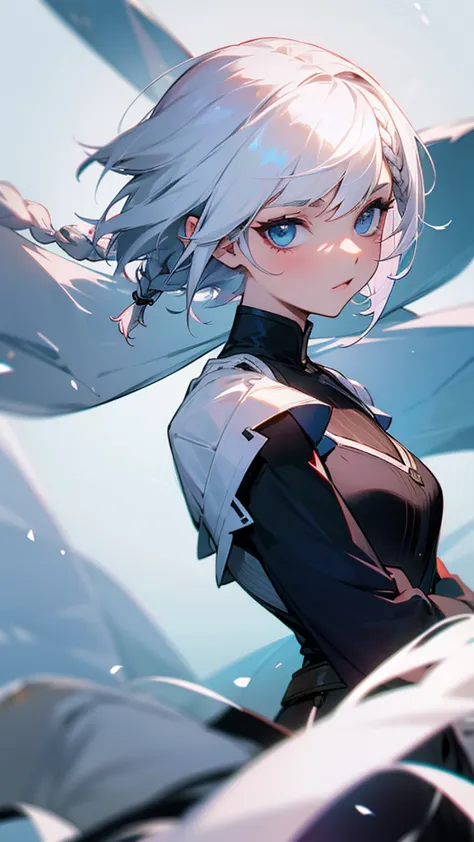 a woman with short white hair and a braid,put the character&#39;s left eye patch on. ,blue eyes, tears flowing,cute, smile, cute...