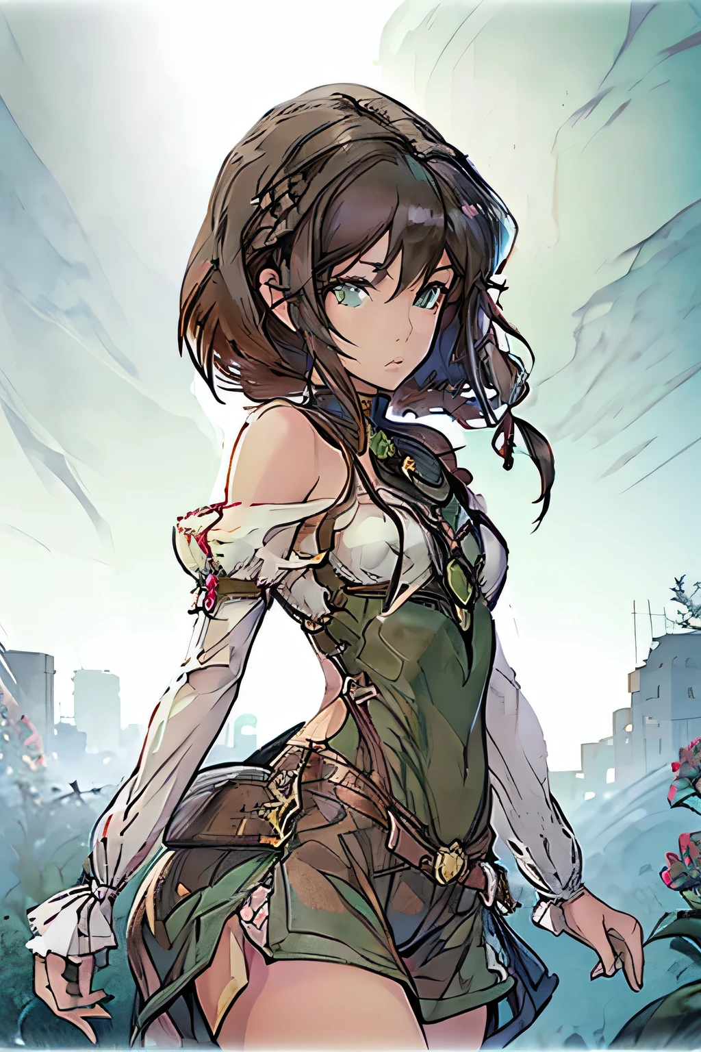 (brunette hair:1.2), (hazel-green eyes), almond shaped eyes, dark brown  wavy hair, narrow shoulders, broad hips, thick thighs (small chest:1.4), casual look, anime masterpiece, soft lighting, intricate, highly detailed, pixiv, anime art, 4k,  garden of words style art, high quality, pastel water colors, watercolor anime art style 