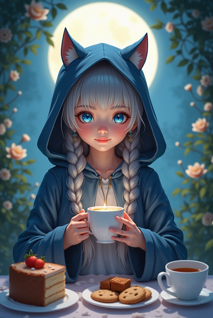 a young girl with beautiful detailed blue eyes, extremely detailed facial features, animal-like horns and cat ears, wearing a hooded cloak, mischievous slight smile, high resolution, anatomically correct, extremely detailed, highly realistic digital illustration, intricate details, smooth skin texture, braided grey hair, earrings, glowing ethereal atmosphere, night scene, moonlit tea party background, holding cup with both hands, cake, cookies, greenery, flowers、首を傾げる、小さく笑う、幸せそうな
