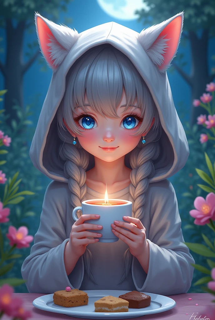 a young girl with beautiful detailed blue eyes, extremely detailed facial features, animal-like horns and cat ears, wearing a hooded cloak, mischievous slight smile, high resolution, anatomically correct, extremely detailed, highly realistic digital illustration, intricate details, smooth skin texture, braided grey hair, earrings, glowing ethereal atmosphere, night scene, moonlit tea party background, holding cup with both hands, cake, cookies, greenery, flowers、首を傾げる、小さく笑う、幸せそうな
