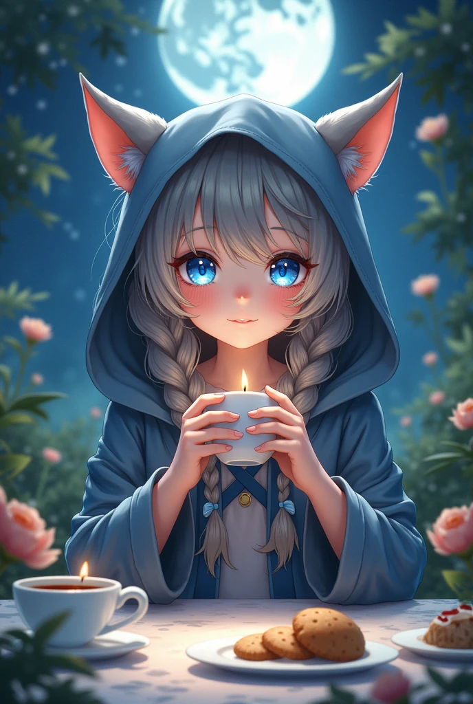 a young girl with beautiful detailed blue eyes, extremely detailed facial features, animal-like horns and cat ears, wearing a hooded cloak, mischievous slight smile, high resolution, anatomically correct, extremely detailed, highly realistic digital illustration, intricate details, smooth skin texture, braided grey hair, earrings, glowing ethereal atmosphere, night scene, moonlit tea party background, holding cup with both hands, cake, cookies, greenery, flowers、首を傾げる、小さく笑う、幸せそうな
