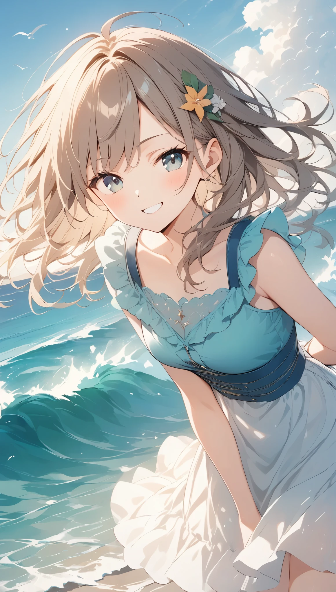 vector art、spirit of the wind、Backlight、Bright in backlight、Sun behind、Summer sky、cumulonimbus、Girl standing on breakwater、He has his hands behind his back and is leaning forward, looking at me.、Smug face、cheek、Waves crashing against the breakwater、The waves splash and the water shines beautifully.