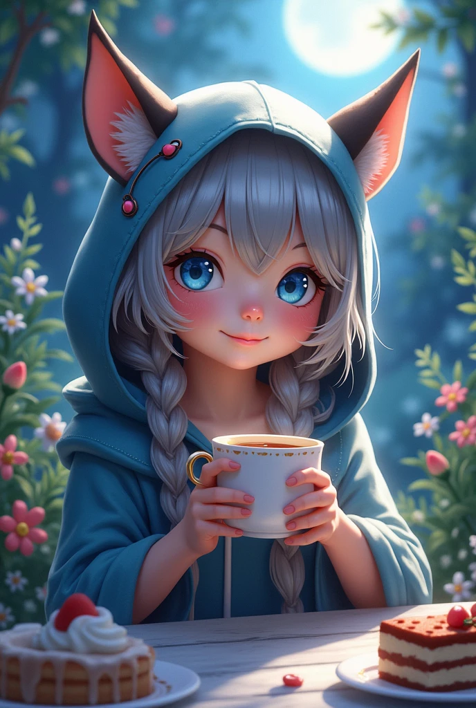 a young girl with beautiful detailed blue eyes, extremely detailed facial features, animal-like horns and cat ears, wearing a hooded cloak, mischievous slight smile, high resolution, anatomically correct, extremely detailed, highly realistic digital illustration, intricate details, smooth skin texture, braided grey hair, earrings, glowing ethereal atmosphere, night scene, moonlit tea party background, holding cup with both hands, cake, cookies, greenery, flowers、首を傾げる、小さく笑う、幸せそうな
