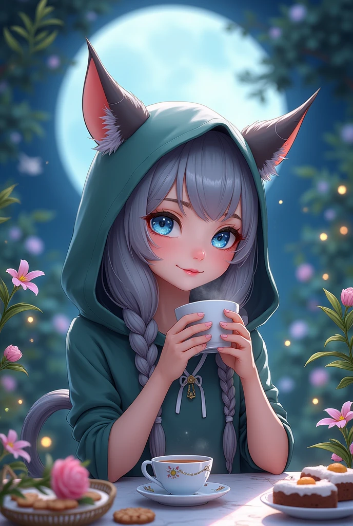 a young girl with beautiful detailed blue eyes, extremely detailed facial features, animal-like horns and cat ears, wearing a hooded cloak, mischievous slight smile, high resolution, anatomically correct, extremely detailed, highly realistic digital illustration, intricate details, smooth skin texture, braided grey hair, earrings, glowing ethereal atmosphere, night scene, moonlit tea party background, holding cup with both hands, cake, cookies, greenery, flowers、首を傾げる、小さく笑う、幸せそうな
