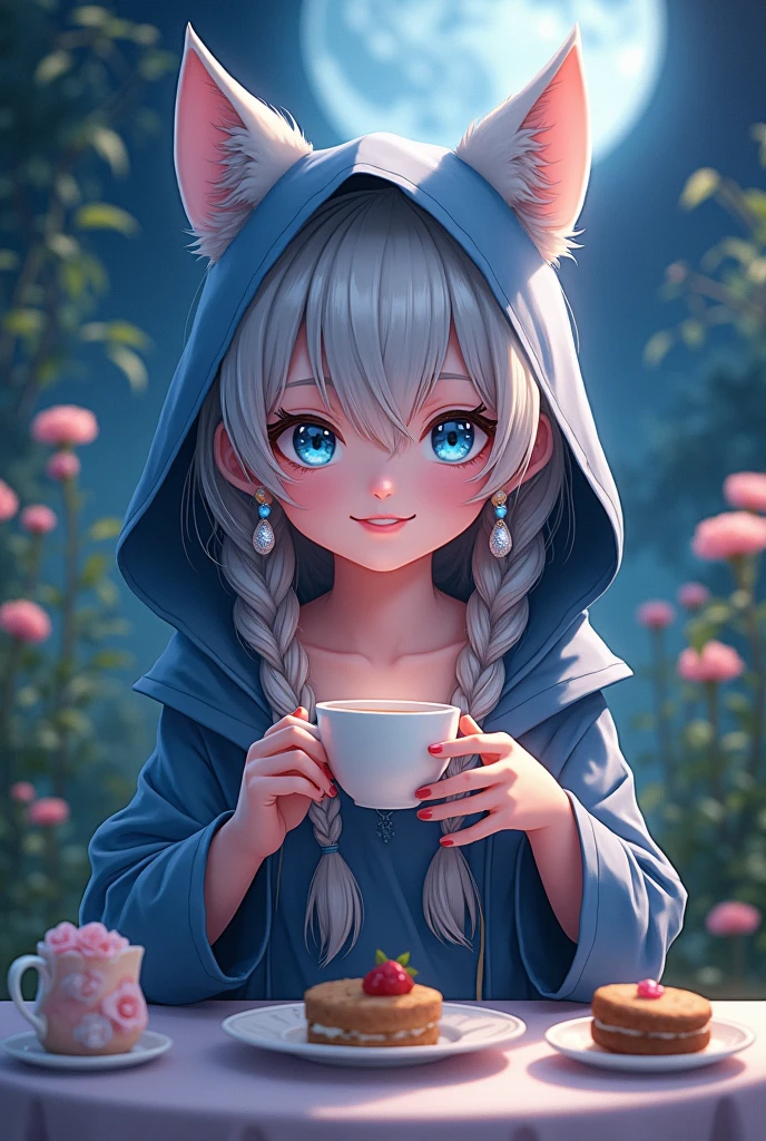 a young girl with beautiful detailed blue eyes, extremely detailed facial features, animal-like horns and cat ears, wearing a hooded cloak, mischievous slight smile, high resolution, anatomically correct, extremely detailed, highly realistic digital illustration, intricate details, smooth skin texture, braided grey hair, earrings, glowing ethereal atmosphere, night scene, moonlit tea party background, holding cup with both hands, cake, cookies, greenery, flowers、首を傾げる、小さく笑う、幸せそうな
