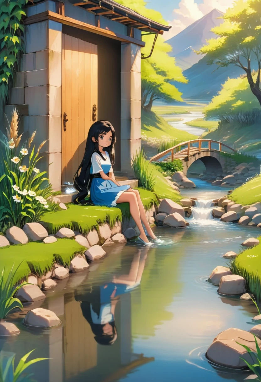 (((best quality))), high saturation, clear, reasonable structure, cartoon style, architecture, bridge, construction, chimney, cloud, fantasy, door, grass, mountain, no_humans, outdoor, river, landscape, sky, midnight , tree, wheat, jk maiden, cute, blue skirt, white top (( A woman is sitting by a stream, long black hair, her eyes closed in a relaxed pose with her feet gently submerged in the water. The atmosphere is warm and beautiful, with a vast sky overhead. Surrounding her are blooming flowers and lush trees, creating a serene and picturesque scene.)) overview 