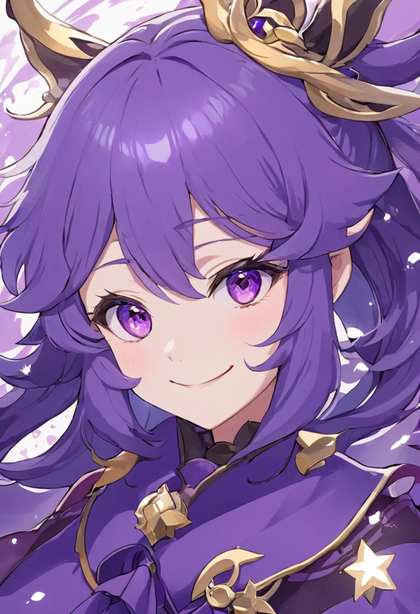 Purple hair and purple eyes、Anime girl in purple clothes, Ayaka Genshin Impact, [[[[smile wickedly]]]], Akasuki Void Star, onmyoji portrait, Hajime Yatate, Anime Moe Art Style, Portrait of a girl in the Knights of the Zodiac, Keqing of Genshin Impact, Ayaka Games Genshin Impact