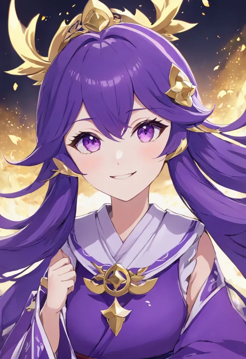 Purple hair and purple eyes、Anime girl in purple clothes, Ayaka Genshin Impact, [[[[smile wickedly]]]], Akasuki Void Star, onmyoji portrait, Hajime Yatate, Anime Moe Art Style, Portrait of a girl in the Knights of the Zodiac, Keqing of Genshin Impact, Ayaka Games Genshin Impact