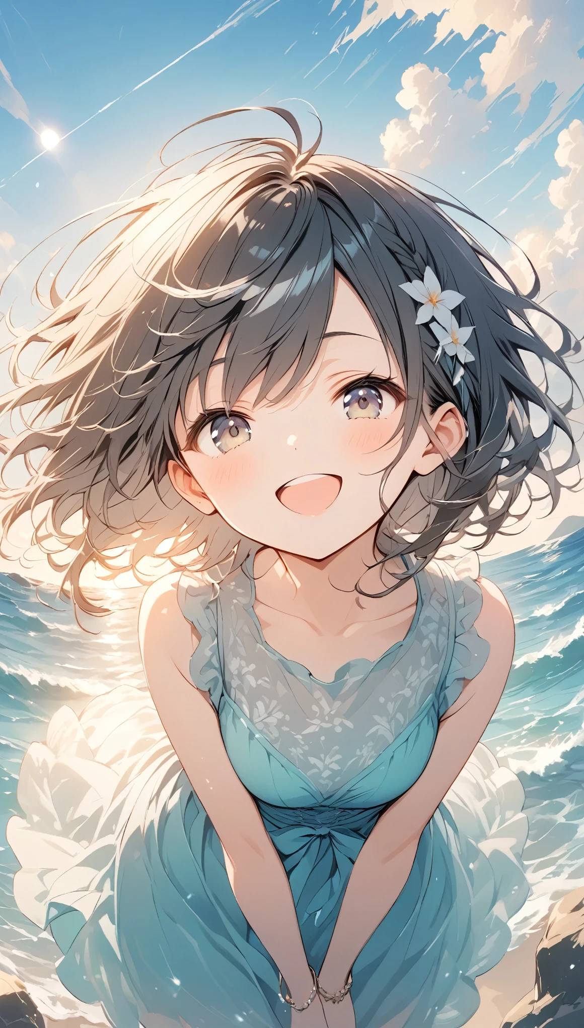 vector art、spirit of the wind、Backlight、Bright in backlight、Sun behind、Summer sky、cumulonimbus、Girl standing on breakwater、He has his hands behind his back and is leaning forward, looking at me.、Smug face、cheek、Waves crashing against the breakwater、The waves splash and the water shines beautifully.