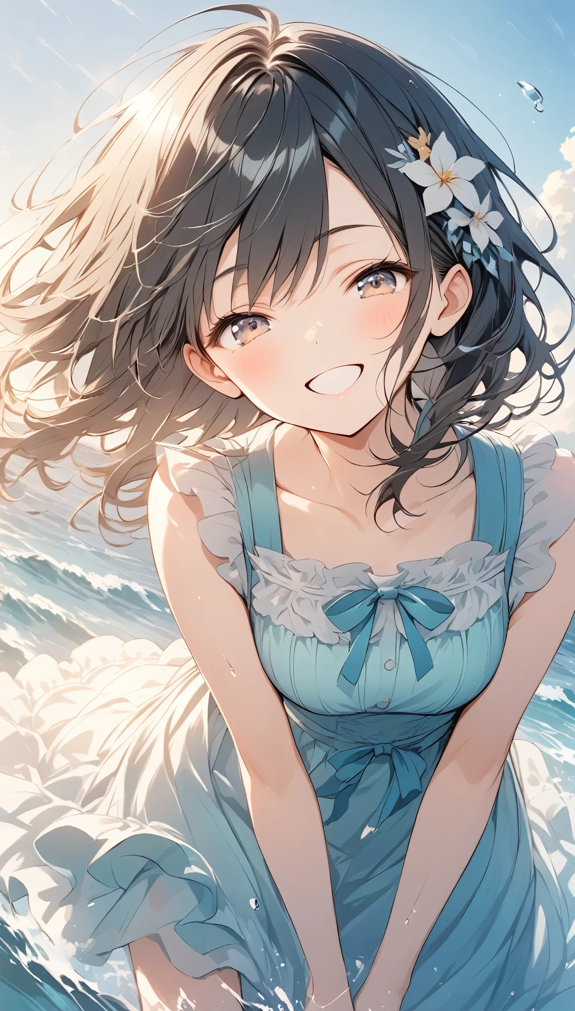 vector art、spirit of the wind、Backlight、Bright in backlight、Sun behind、Summer sky、cumulonimbus、Girl standing on breakwater、He has his hands behind his back and is leaning forward, looking at me.、Smug face、cheek、Waves crashing against the breakwater、The waves splash and the water shines beautifully.