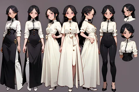 top quality, detailed face, character sheet,(((young woman:1.5))), ((full length:1.2)), full of details, several poses and expre...