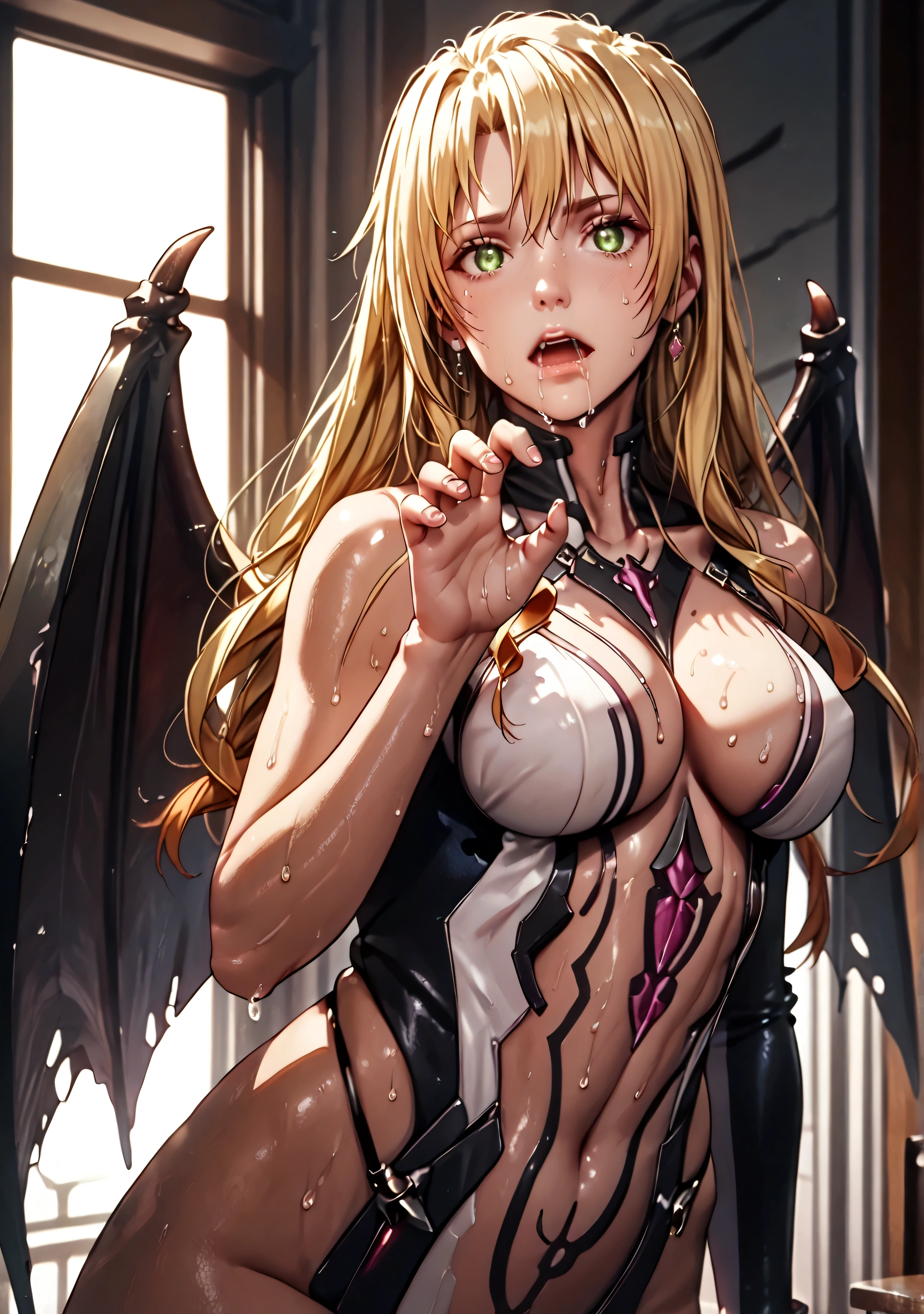 (asura style:0.7), score_9, score_8_up, score_7_up, score_6_up, uncensored, yumiko miura, long hair, blonde hair, green eyes, drill hair, BREAK detailed eyes, beautiful eyes, perfect eyes, assertive female, (perfect hands, perfect anatomy), detailed skin texture, (blush:0.5), (goosebumps:0.5), excessive sweating, sweating profusely, sweating drop BREAK, ruanyi0469, Nude color bodysuit, shiny clothes, skin tight, tattoo, barcode, nude, metal spine, BREAK, large breasts,1girl, breasts, solo, wings, open mouth, blush, low wings, looking at viewer, demon wings, thighs, claw pose, fangs, drooling, fletcher workshop,