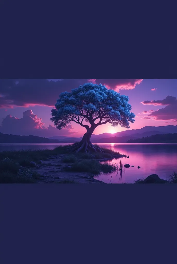 Beautiful photograph of a beautiful leafy tree illuminated from the bottom, sunset colors, the sun on the horizon, tree at the foot of a lake, HD,8k Masterpiece, magic image