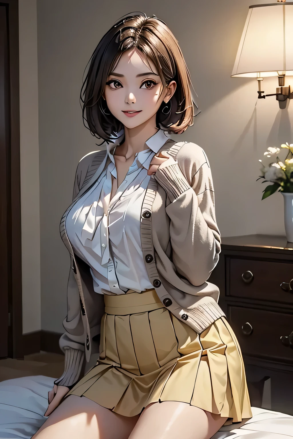 1 female, (Beautiful face with detailed shading), whole body, 40s, (Big Breasts), Beaver, Brown eyes, (Pink Cardigan), Open cardigan, White camisole blouse, (Yellow pleated skirt), White knee-high, On the bed, (Tabletop)), ((Highest quality)), (Very detailedな), ((attractive)), ((Very detailed)), 4K, (8k), Highest quality, (beautiful),(((World Class Quality))), Very detailed, High resolution,