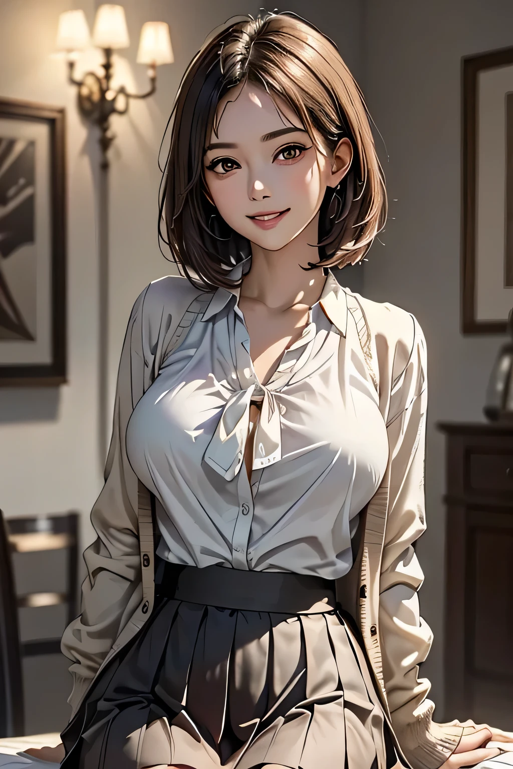 1 female, (Beautiful face with detailed shading), whole body, 40s, (Big Breasts), Beaver, Brown eyes, (Pink Cardigan), Open cardigan, White camisole blouse, (Yellow pleated skirt), White knee-high, On the bed, (Tabletop)), ((Highest quality)), (Very detailedな), ((attractive)), ((Very detailed)), 4K, (8k), Highest quality, (beautiful),(((World Class Quality))), Very detailed, High resolution,