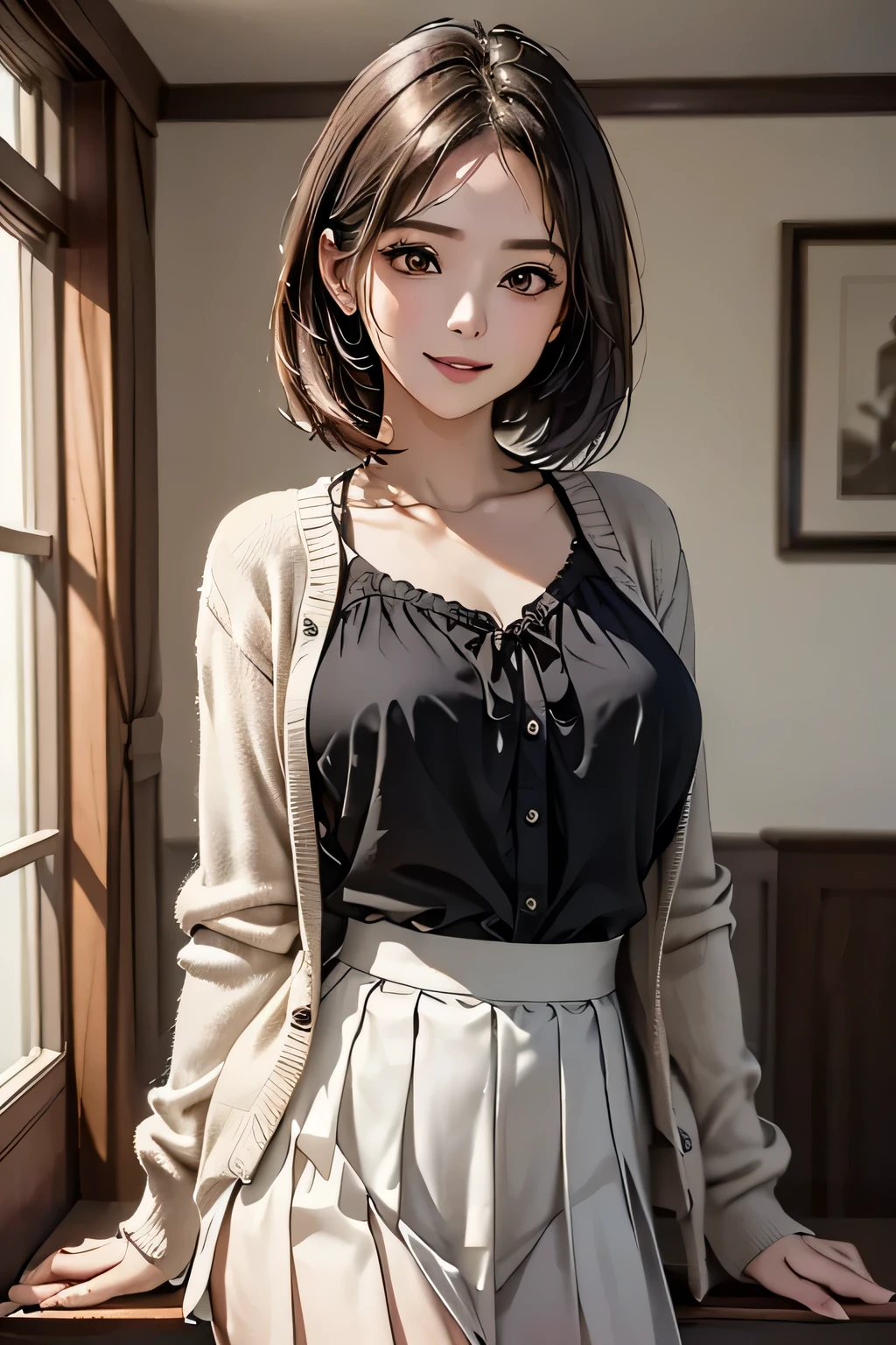 1 female, (Beautiful face with detailed shading), whole body, 40s, (Big Breasts), Beaver, Brown eyes, (Pink Cardigan), Open cardigan, White camisole blouse, (Yellow pleated skirt), White knee-high, On the bed, (Tabletop)), ((Highest quality)), (Very detailedな), ((attractive)), ((Very detailed)), 4K, (8k), Highest quality, (beautiful),(((World Class Quality))), Very detailed, High resolution,