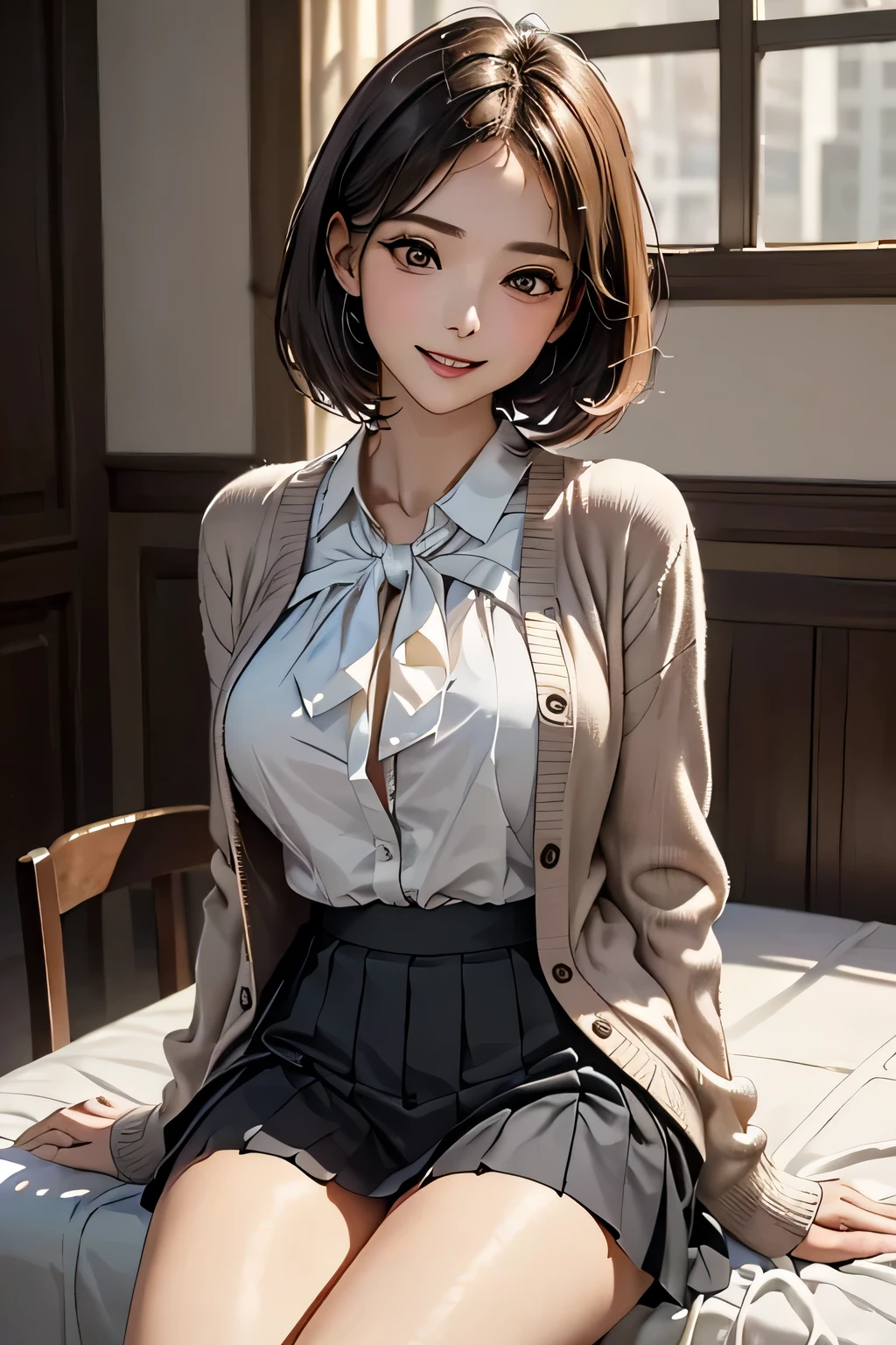 1 female, (Beautiful face with detailed shading), whole body, 40s, (Big Breasts), Beaver, Brown eyes, (Pink Cardigan), Open cardigan, White camisole blouse, (Yellow pleated skirt), White knee-high, On the bed, (Tabletop)), ((Highest quality)), (Very detailedな), ((attractive)), ((Very detailed)), 4K, (8k), Highest quality, (beautiful),(((World Class Quality))), Very detailed, High resolution,