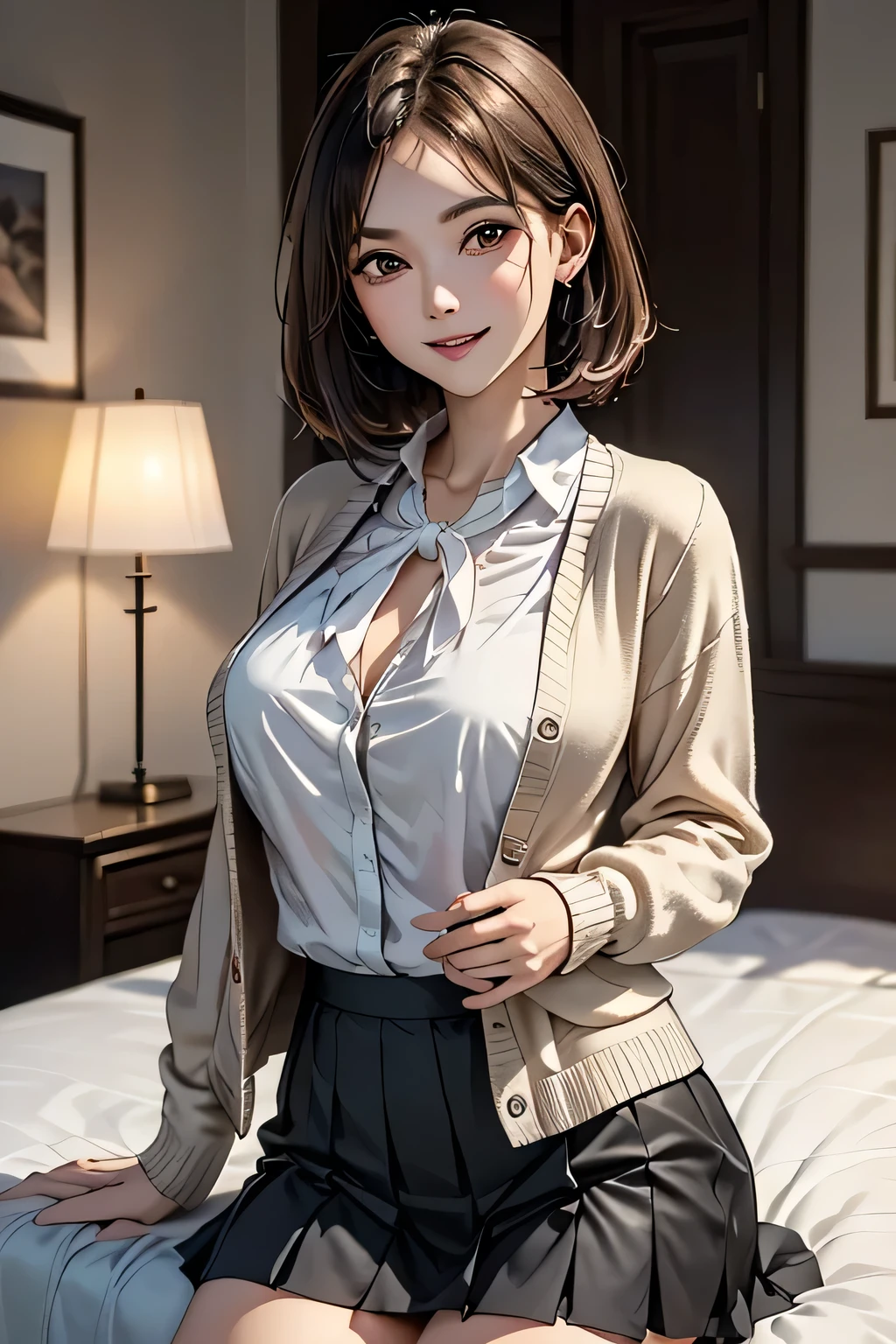 1 female, (Beautiful face with detailed shading), whole body, 40s, (Big Breasts), Beaver, Brown eyes, (Pink Cardigan), Open cardigan, White camisole blouse, (Yellow pleated skirt), White knee-high, On the bed, (Tabletop)), ((Highest quality)), (Very detailedな), ((attractive)), ((Very detailed)), 4K, (8k), Highest quality, (beautiful),(((World Class Quality))), Very detailed, High resolution,