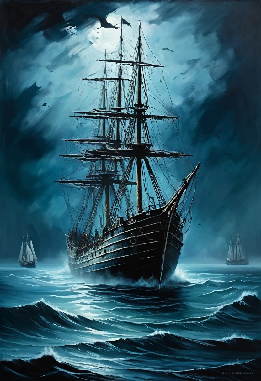 Marine painting, oil painting, retro style, deep shadows, ghost ship, sailing ship, torn sails, decaying hull, foggy sea, dark sea at night, spooky ghost ship, bluish tones, dark tones, sense of fear,