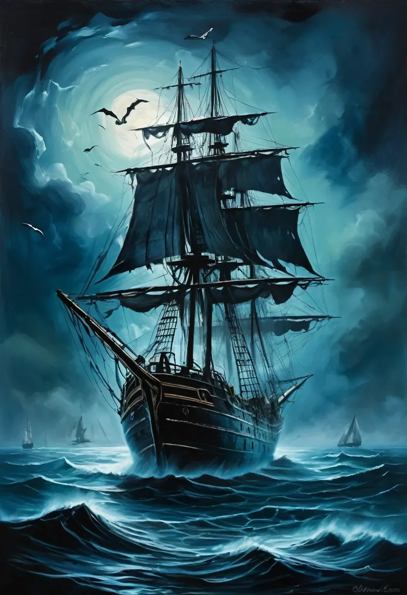 Marine painting, oil painting, retro style, deep shadows, ghost ship, sailing ship, torn sails, decaying hull, foggy sea, dark sea at night, spooky ghost ship, bluish tones, dark tones, sense of fear,