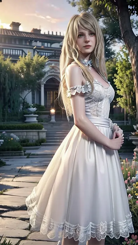 beautiful young woman long blonde hair delicate white dress transparent in the wind sunset garden of masterpiece mansion