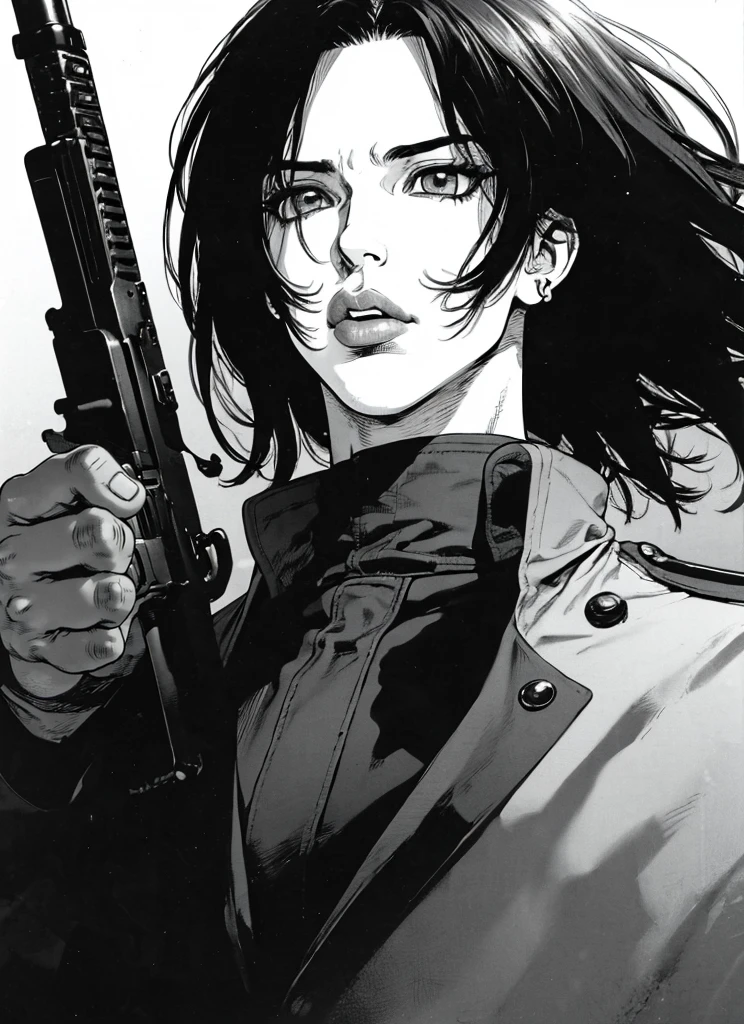 Boichi Manga Style,  1 adult male, Black & White, gray scale, Pointing gun, Black Knight Uniform, hairสีดำ, ((Masterpiece)), lips, eyes, ear, hair