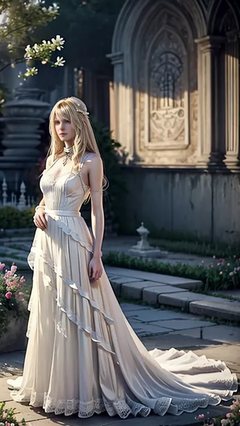 beautiful young woman long blonde hair delicate white dress transparent in the wind sunset garden of mansion  , best quality,  m...