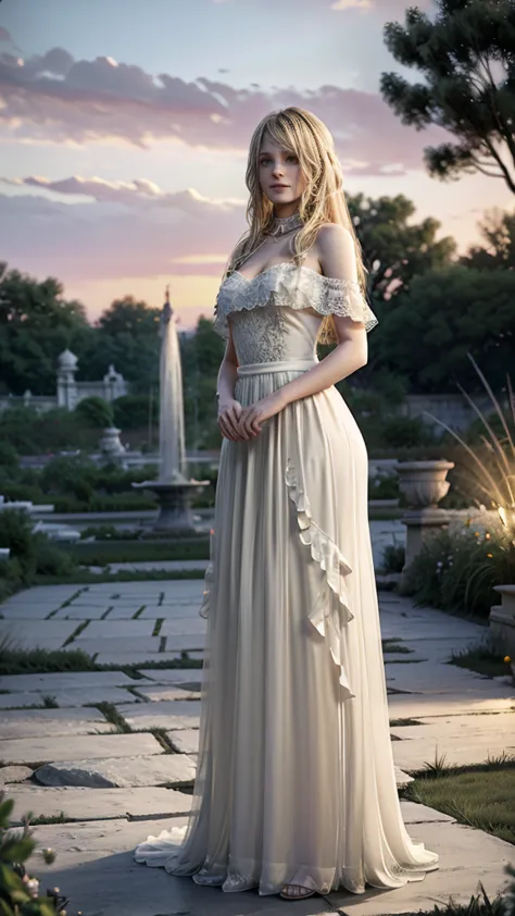 beautiful young woman long blonde hair delicate white dress transparent in the wind sunset garden of mansion  , best quality,  m...