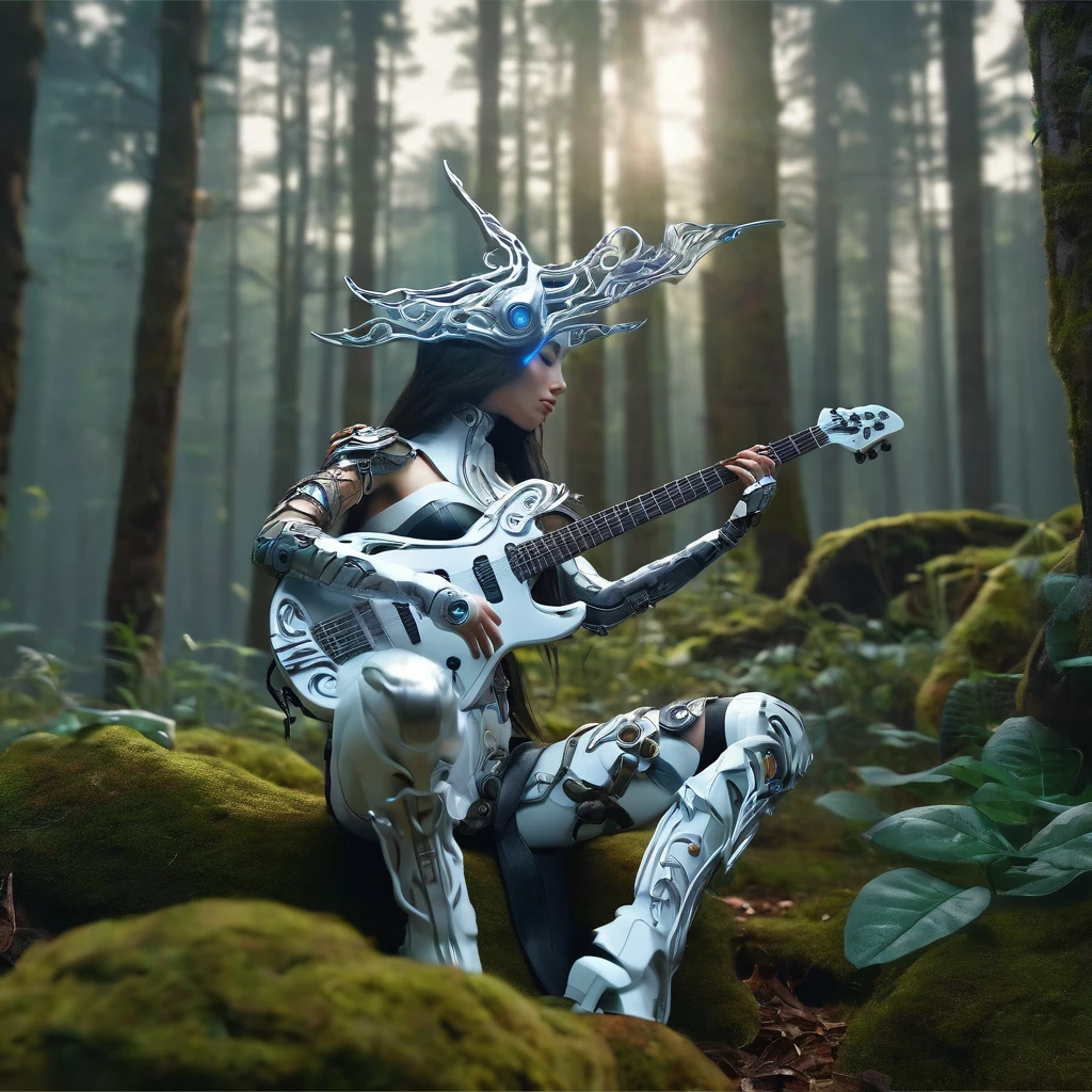 Cyborg guitar, Jensana, Forest Guardian, epic composition, hyperrealistic, 8k, hunter, porcelain cyborg