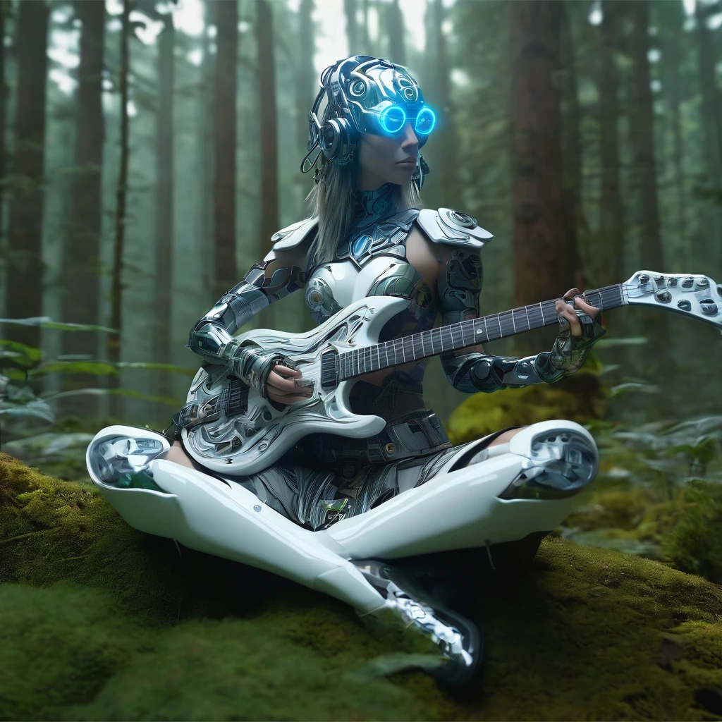 Cyborg guitar, Jensana, Forest Guardian, epic composition, hyperrealistic, 8k, hunter, porcelain cyborg