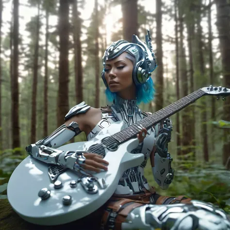 cyborg guitar, jensana, forest guardian, epic composition, hyperrealistic, 8k, hunter, porcelain cyborg