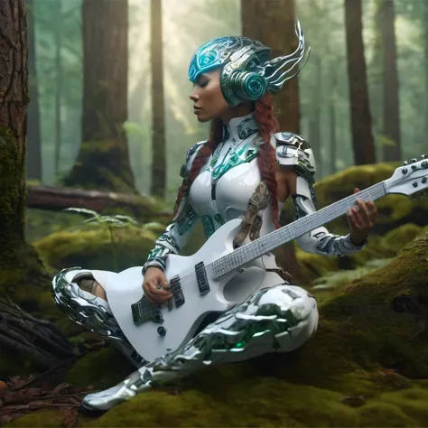 cyborg guitar, jensana, forest guardian, epic composition, hyperrealistic, 8k, hunter, porcelain cyborg