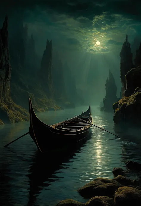 charon navigating the ethereal waters of the river styx, weathered ferry gleaming under ghostly light, shadows of the lost souls...