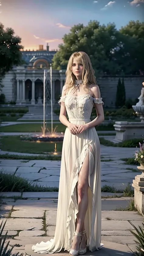 beautiful young woman long blonde hair delicate white dress transparent in the wind sunset garden of mansion  , best quality,  m...