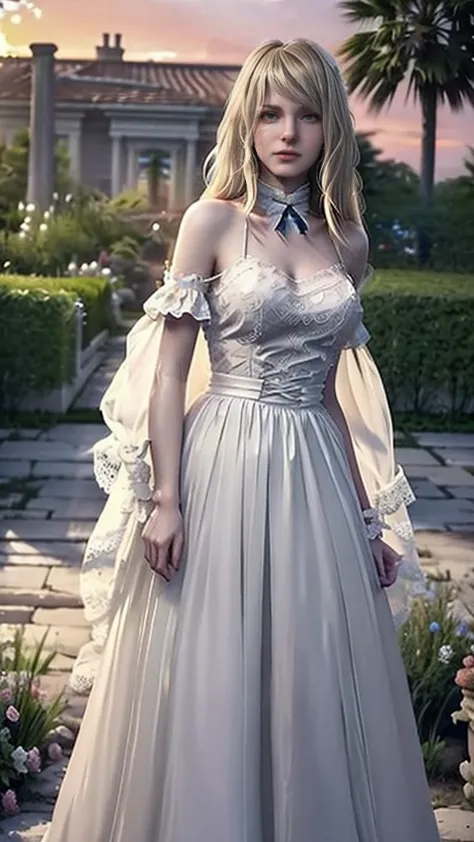 beautiful young woman long blonde hair delicate white dress transparent in the wind sunset garden of mansion  , best quality,  m...