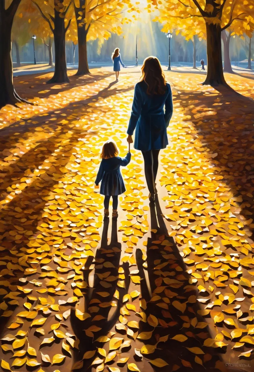 American Impressionist painting, oil painting, backlit, sunlight filtering through the trees, falling leaves, autumn park, child and mother, yellow fallen leaves, deep shadows, mother and child look like shadow puppets.