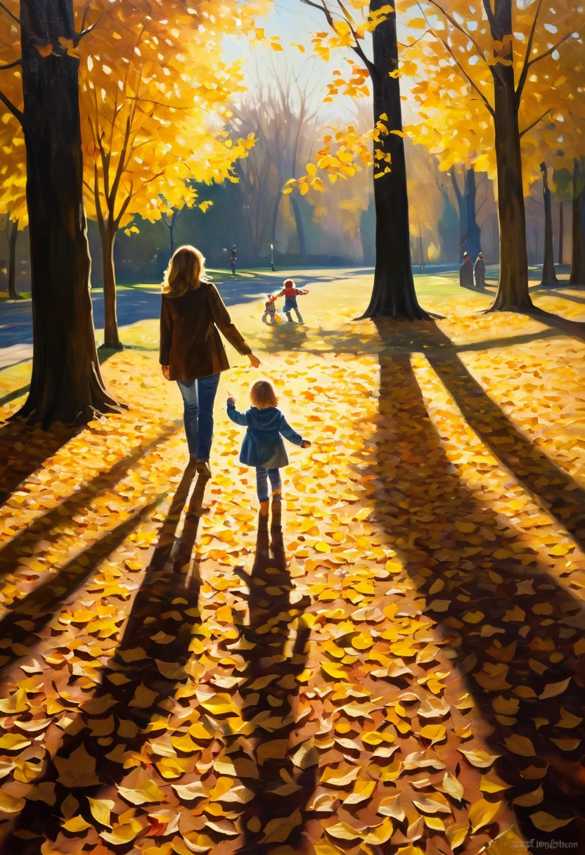 American Impressionist painting, oil painting, backlit, sunlight filtering through the trees, falling leaves, autumn park, child and mother, yellow fallen leaves, deep shadows, mother and child look like shadow puppets.