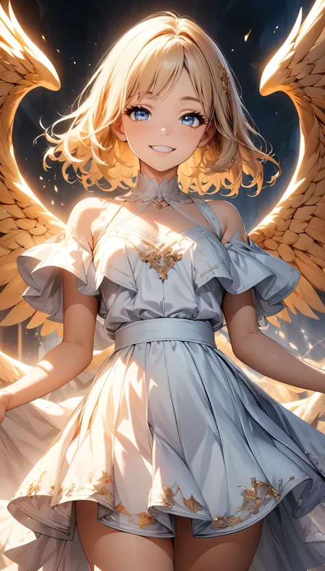 (Highest quality:1.2, Very detailed, Delicate and beautiful CG art, Detailed illustrations, High Detail, masterpiece:1.2, Highest quality, Best aesthetics), ((1 girl)), Beautiful angel with golden wings, White off-the-shoulder dress, mini skirt, Sheer fabric, Detailed face, Big eyes, Long eyelashes, Elegant look, A smile of compassion, Heavenly Light, Shining Aura, Random Pause:1.3, Detailed plumage, Dramatic lighting, Bright colors, Fantasy, Cinematic Light,