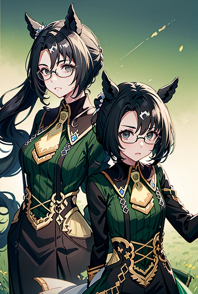 It's about time、Horse ear woman,height: 158cm, standard body type, Black Hair, Low Ponytail, Droopy eyes, Glasses, Tear under the right eye、 Skirt Suit, Fair skin, Portraits, High resolution, 