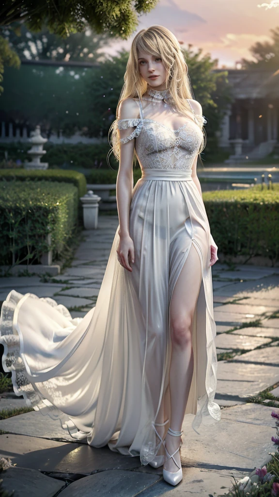 beautiful young woman long blonde hair delicate white sexy dress transparent in the wind sunset garden of mansion  , best quality,  masterpiece 