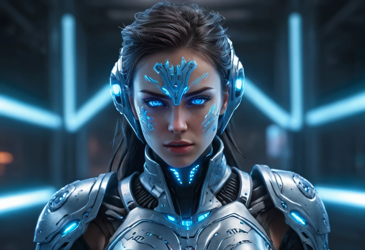 FACE WOMAN powerful armor, sharp look,
Frost, Calls, perfect details, (Best Quality, 4k,
High resolution, masterpiece:1.2), ultra detailed,
realist:
1.37, HDR, studio lighting, vivid colors, (cyberpunk,
Futuristic) style, lcy Blue Color Scheme, dynamic
lighting. MOD ULTRA FACE 8k laser eyes