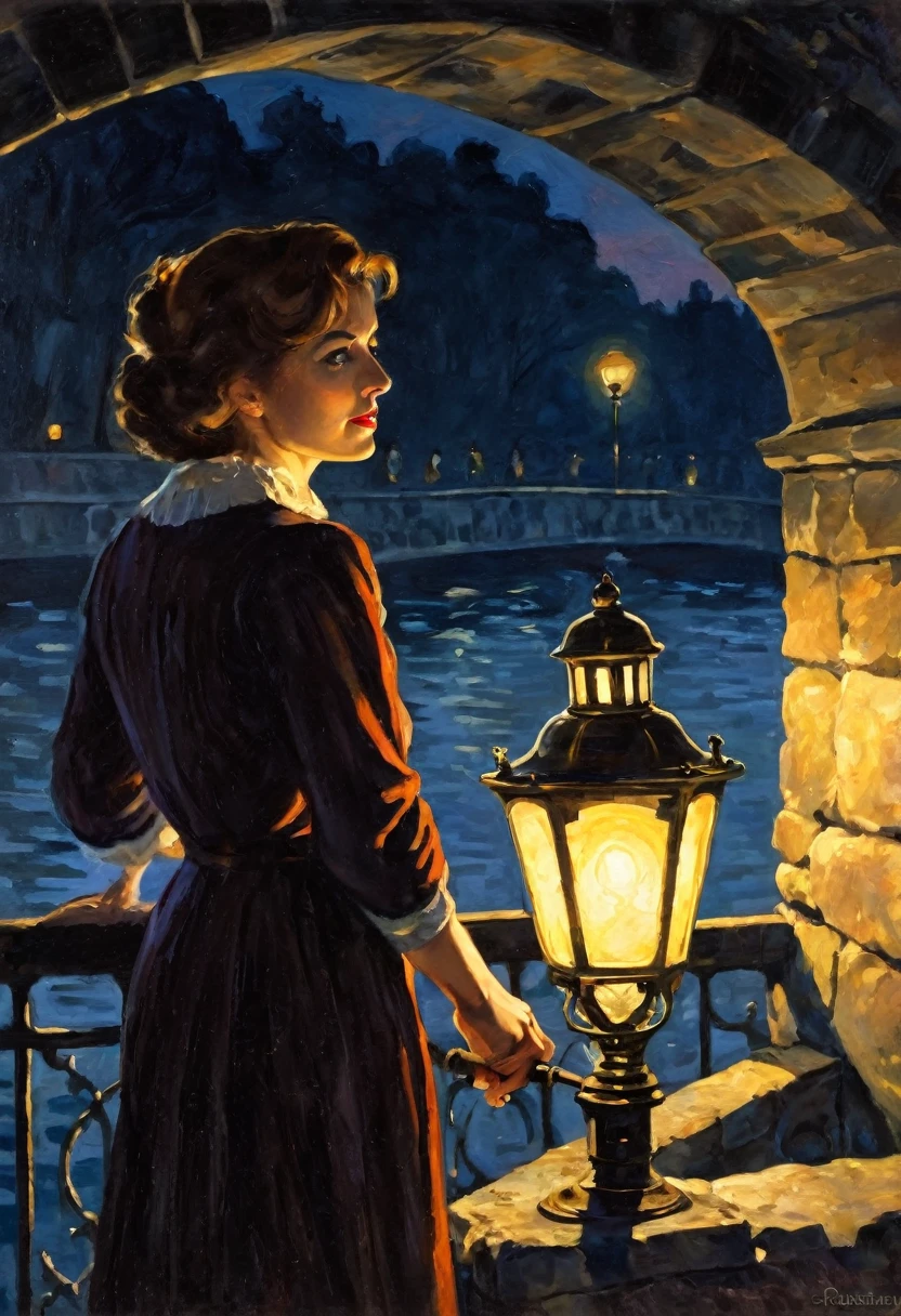 French impressionist painting, oil painting, gas lamp on stone bridge at night, backlight, woman standing under gas lamp, woman looks like a shadow puppet because of the backlight of gas lamp, retro style, old-fashioned painting,