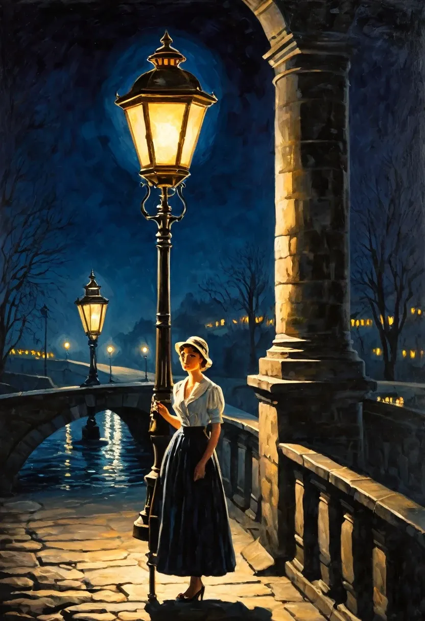 French impressionist painting, oil painting, gas lamp on stone bridge at night, backlight, woman standing under gas lamp, woman looks like a shadow puppet because of the backlight of gas lamp, retro style, old-fashioned painting,