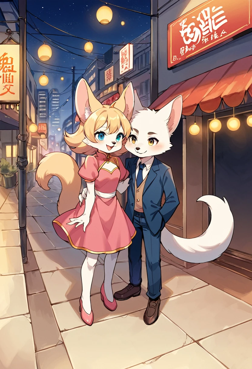 rating_safe, score_9, score_8_up, score_7_up, score_6_up, score_5_up, score_4_up, hires, highres, source_furry(furry anthro, kemono, couple, young 1male detective, 1woman in Chinese dress)movie poster, movie artwork, concept art of love, in a city street at night, moulin rouge,