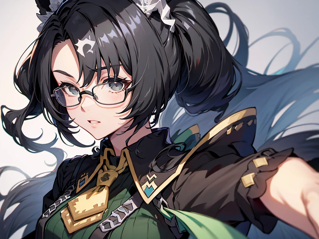 It's about time、Horse ear woman,height: 158cm, standard body type, Black Hair, Low Ponytail, Droopy eyes, Glasses, Tear under the right eye、 Skirt Suit, Fair skin, Portraits, High resolution, 