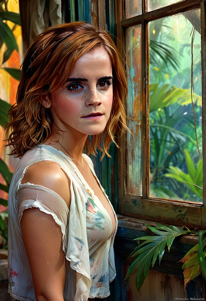 Emma Watson, (masterpiece), cartoon, best quality，(photo_(medium):1.0), by Antonio J. Manzanedo, by Jeremy Lipking, lightning, painting style with watercolor, Brushstrokes, black  eyes,colorful，vibrant colors,1 ultra hot gorgeous busty European woman. Blight auburn hair. Looking through a dirty old window. Outside, jungle scenery.