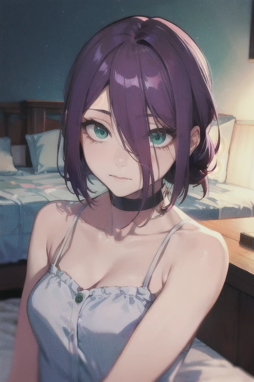 (Highest quality)、(Highest quality)、cut、Chainsaw Man、cute、(choker).eyes are emerald、Her hair is purple、Short Bob、beautiful　whole body、detailed、強力なdetailed、cut、((bed)).