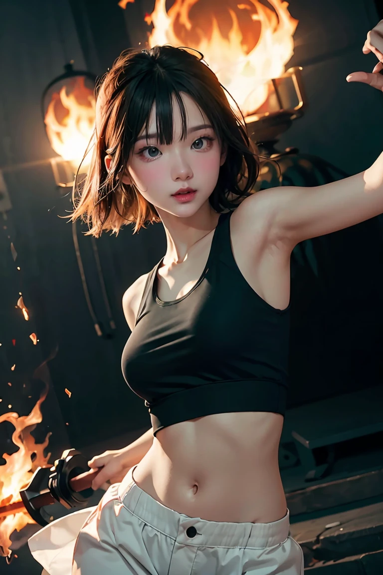 Fisheye lens with a flame behind it, Chinese girl dancing with sword, Dressed in a tank top, one person, Light up, Ray Tracing, Edge lighting, glowing effect, Exaggerated actions, Exaggerated view, orange, green, Ultra-realistic detailed rendering of wind, Superb details, mixer, Octane Finale