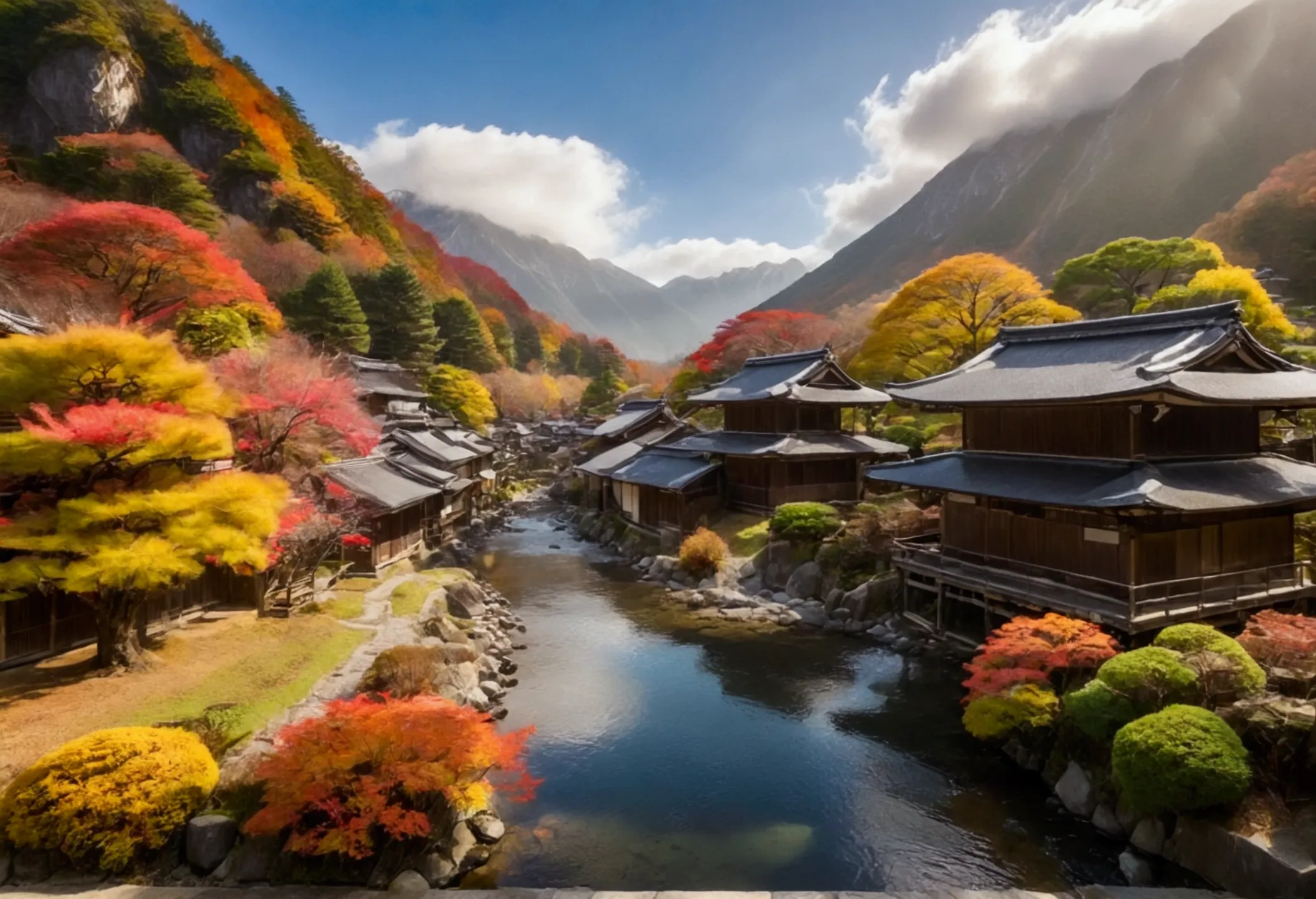 the landscape of japan in autumn, with wooden houses by the water, a small river, and mountains behind, the colors of sunlight a...